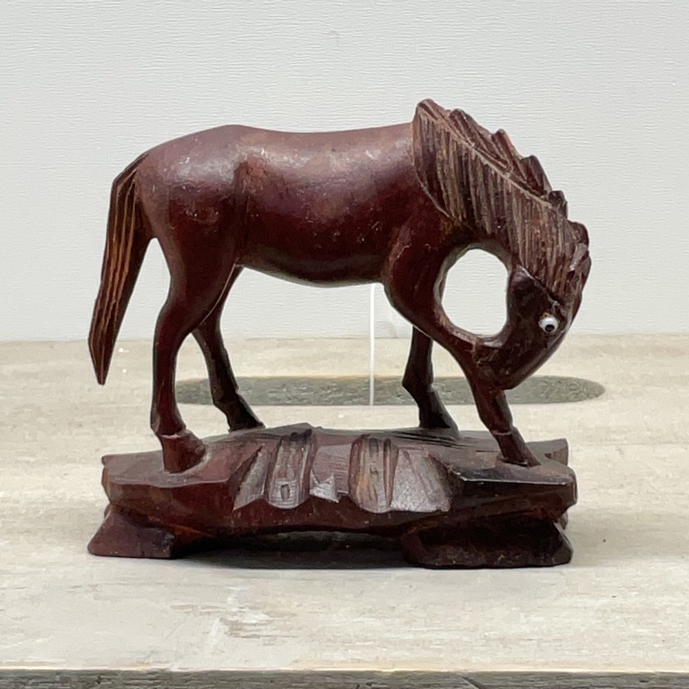 Hand Carved Wooden Horse Figurine Rustic Dark Brown Grazing Pony Statue 3 Inch